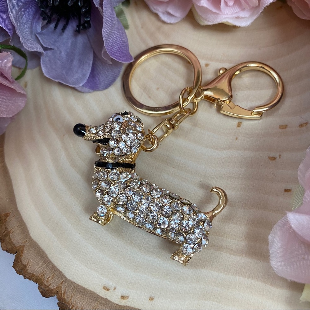 Silver Crystal Hot Dog Puppy Keychain Charm - Picture 4 of 14
